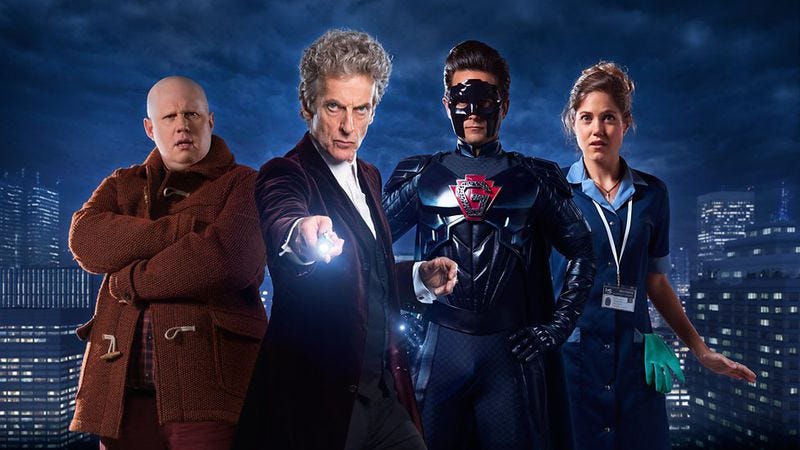 Matt Lucas, Peter Capaldi, Justin Chatwin, Charity Wakefield (Image: BBC)