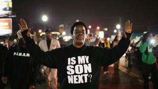 Demonstrators protest in front of the police station in Ferguson, Mo., March 12, 2015. Ferguson has faced sometimes violent protests since the August 2014 shooting death of Michael Brown by a Ferguson police officer.Scott Olson/Getty Images