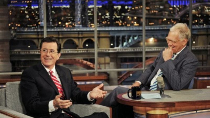 Illustration for article titled Stephen Colbert is succeeding downward by taking over Late Show