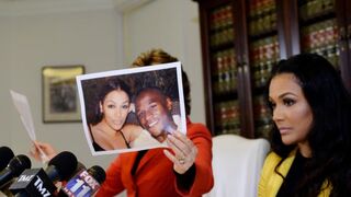 During a news conference in Los Angeles Sept. 4, 2014, Shantel Jackson (right), ex-fiancee of boxer Floyd Mayweather Jr., looks on as her attorney, Gloria Allred, holds up a photograph of the couple after announcing a lawsuit against the boxer, claiming battery, assault, invasion of privacy, defamation and false imprisonment.Kevork Djansezian/Getty Images