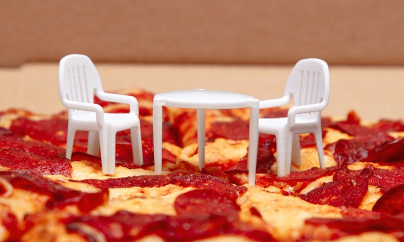 Illustration for article titled Tiny pizza box tables finally get matching tiny chairs