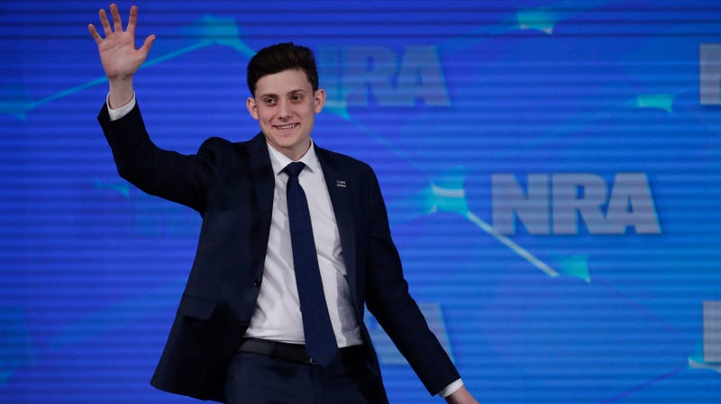 In this April 26, 2019 file photo, Kyle Kashuv, a survivor of the Parkland, Fla., high school shooting, speaking at a National Rifle Association forum in Indianapolis, April 26, 2019. On June 17, 2019, Kashuv said that Harvard University revoked his acceptance over racist comments he made online and in text messages about two years ago.