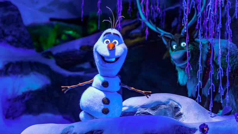 Olaf the Snowman, who would do better to look behind him if he does not want to catch rabies, appears in the Frozen attraction of the Epcot theme park in Florida.