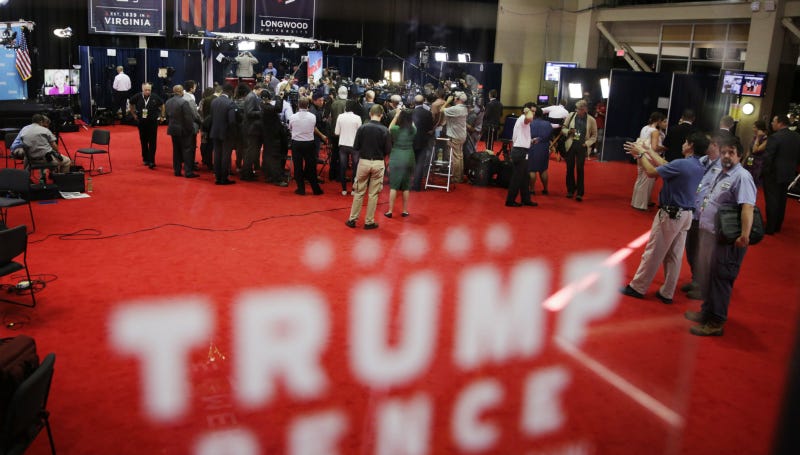 The media in the “spin room” at Longwood University, Farmville VA. Photo via AP.