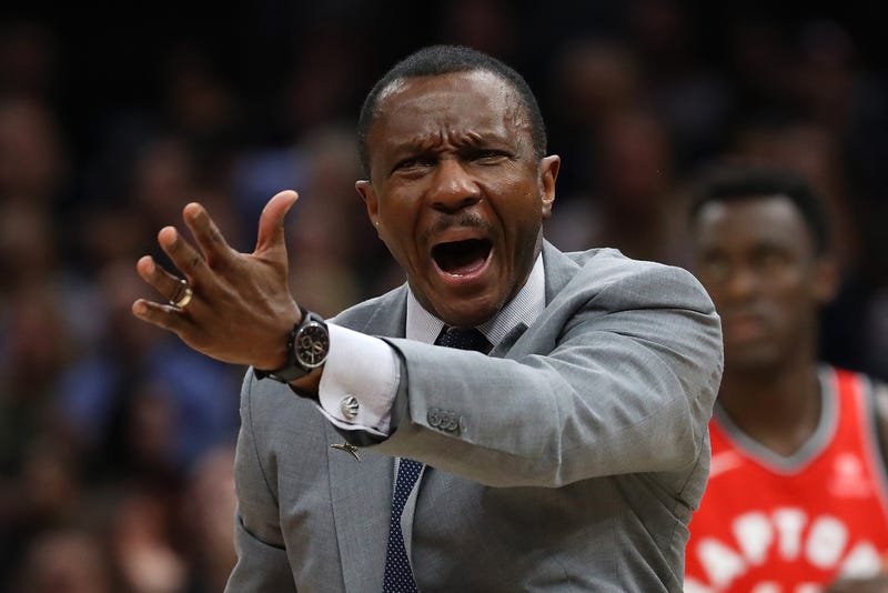 Head coach Dwane Casey of the Toronto Raptors reacts while playing the Cleveland Cavaliers in Game 3 of the Eastern Conference semifinals during the 2018 NBA Playoffs at Quicken Loans Arena on May 5, 2018, in Cleveland.