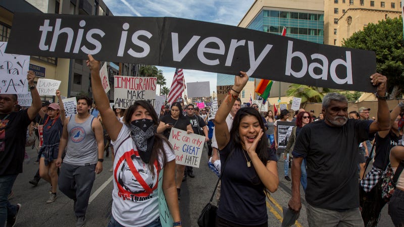 Protesters march in reaction to the upset election of Republican Donald Trump over Democrat Hillary Clinton in the race for President of the United States on November 12, 2016 in Los Angeles, California, United States. Image via Getty.
