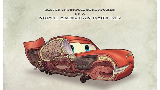Anatomical illustrations of Pixar's Cars reveal where Lightning McQueen