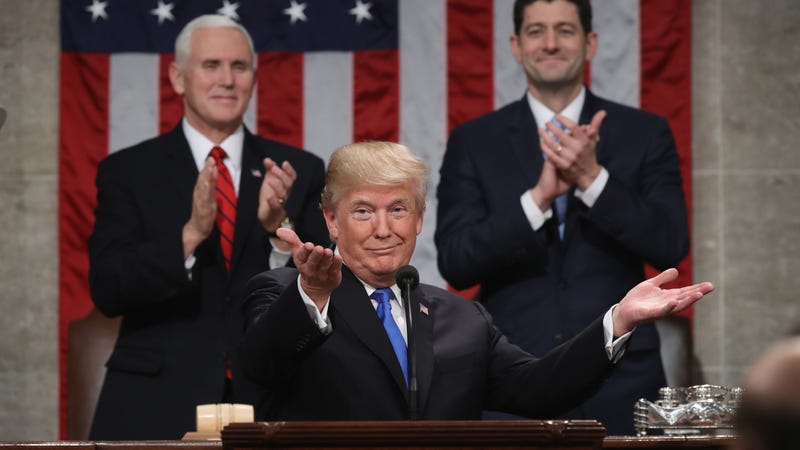 President Donald Trump delivers the State of the Union address as Vice President Mike Pence (left) and House Speaker Paul Ryan (right) look on Jan. 30, 2018, in Washington, D.C. (Win McNamee/getty Images)