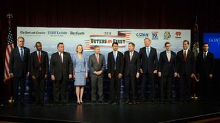 While only 10 GOP presidential hopefuls will be allowed onstage at the Fox News-sponsored debate Aug. 6, 2015, 11 of the 17 Republican candidates gathered at a New Hampshire forum Aug. 3, 2015: former Florida Gov. Jeb Bush; Dr. Ben Carson; New Jersey Gov. Chris Christie; former Hewlett-Packard CEO Carly Fiorina; Sen. Lindsey Graham (R-S.C.); Louisiana Gov. Bobby Jindal; Ohio Gov. John Kasich; former New York Gov. George Pataki; former Texas Gov. Rick Perry; former Sen. Rick Santorum (R-Pa.); and Wisconsin Gov. Scott Walker.Darren McCollester/Getty Images