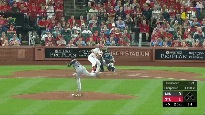 Illustration for article titled Matt Carpenter Beats A Marlins Shift With A Standup Bunt Double