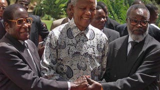 Zimbabwean President Robert Mugabe, South African President Nelson Mandela and Namibia's President Sam Nujoma, after a joint press conference in Pretoria, South Africa, March 1999ODD ANDERSEN/AFP/Getty Images