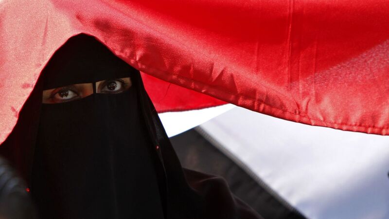 Egyptian protester stands underneath national flag.