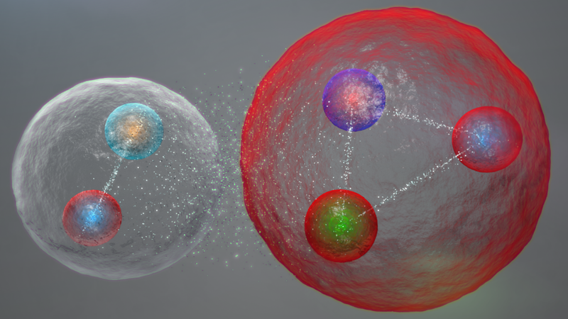 A meson and a baryon bonded together in a pentaquark.