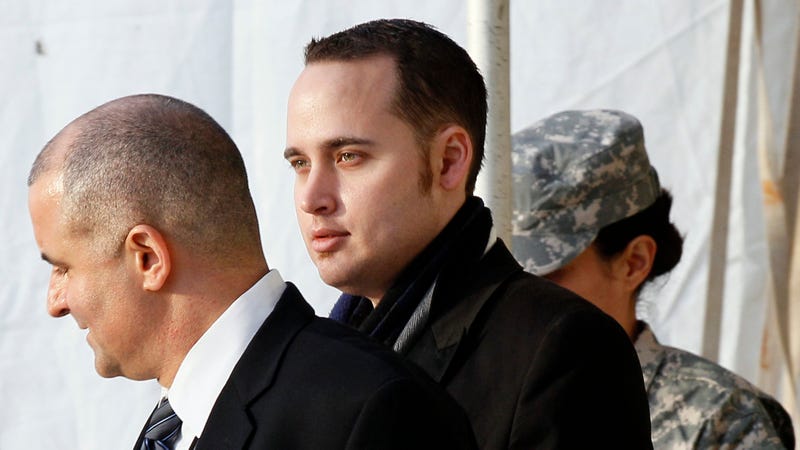 Adrian Lamo walks out of a courthouse in Fort Meade, Md., Tuesday, Dec. 20, 2011, after testifying at a military hearing prior to the court martial of former Army Pfc. Bradley Manning. Manning’s online correspondent was Lamo, a former hacker, who gave the chat logs to authorities, leading to Manning’s arrest in May 2010.
