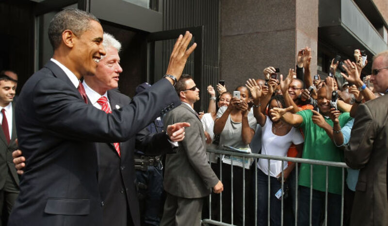 Clinton and then-Sen. Barack Obama at the WJC Foundation'sHarlem headquarters in 2008
