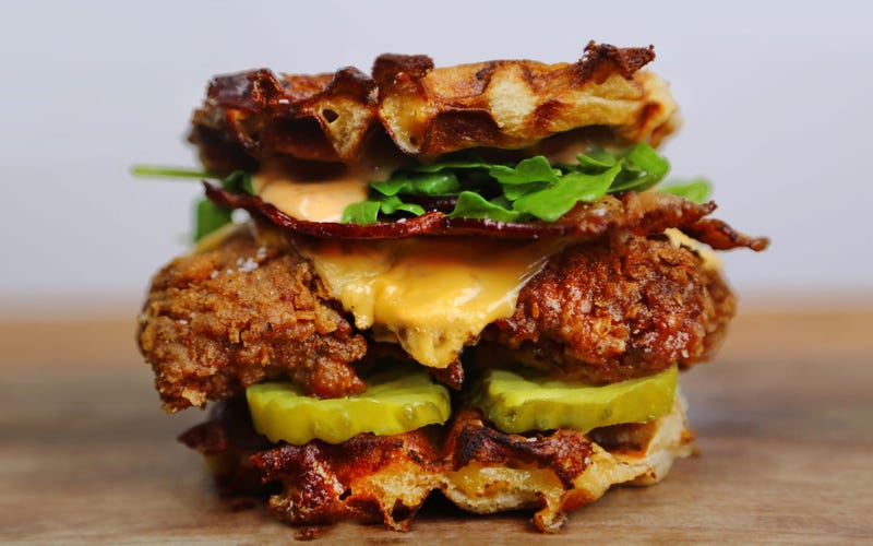 This insane fried chicken waffle burger is three burgers in one