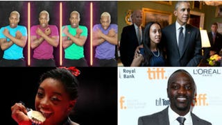 Top: Todrick Hall; Haben Girma with President Barack Obama. Bottom: Simone Biles; Akon.Top: Todrick Hall via YouTube screenshot; White House photo by Pete Souza via Haben Girma. Bottom: Ian MacNicol/Getty Images; Leonard Adam/Getty Images.