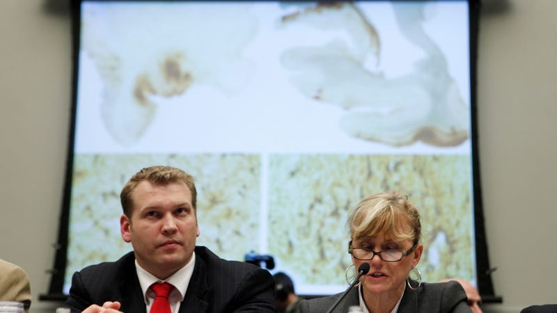 Chris Nowinski and Dr. Ann McKee at a House Judiciary Committee hearing in 2009 (photo via Charles Dharapak/AP)