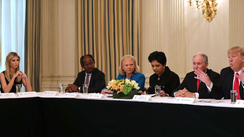  Ivanka Trump, Global Infrastructure Partners Chairman Adebayo Ogunlesi, IBM CEO Ginni Rometty, PepsiCo CEO Indra Nooyi, and Blackstone Group Chairman and CEO Stephen Schwarzman with President Donald Trump in the White House State Dining Room on Feb. 3, 2017 (Chip Somodevilla/Getty Images)