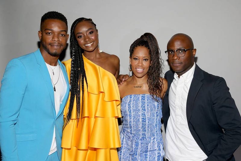 “If Beale Street Could Talk” cast members Stephan James, left, KiKi Layne, Regina King, and the film’s Academy Award-winning, director Barry Jenkinsin in the Essence.com press room