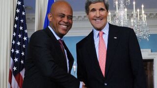 Haitian President Michel Martelly with Secretary of State John Kerry before a  meeting at the State Department in Washington, D.C., Feb. 5, 2014.MANDEL NGAN/AFP/Getty Images
