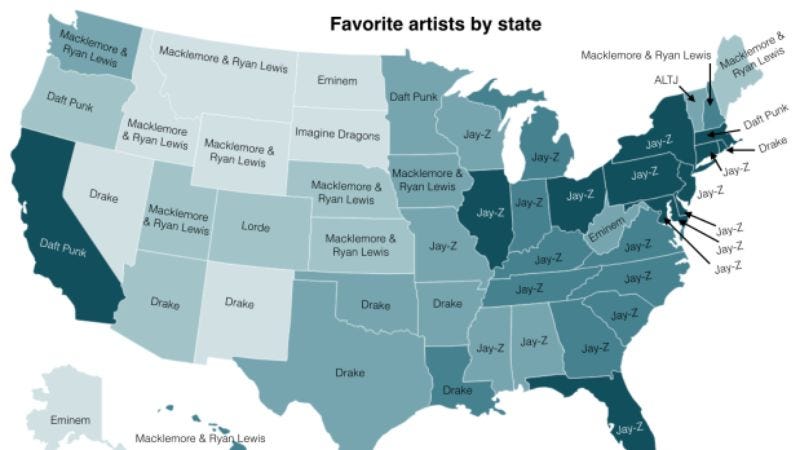 Illustration for article titled The actual map of each state's favorite artist is underwhelming and Jay Z-dominated