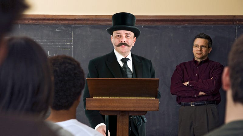 Illustration for article titled An Important Message: This Man With A Top Hat And Twisty Mustache Is Visiting Schools Warning Students About The Dangers Of Piloting Hot Air Balloons Under The Influence Of Dr. Fixit’s Vigor-Inducing Delousing Tonic And Quaffable Cure-All