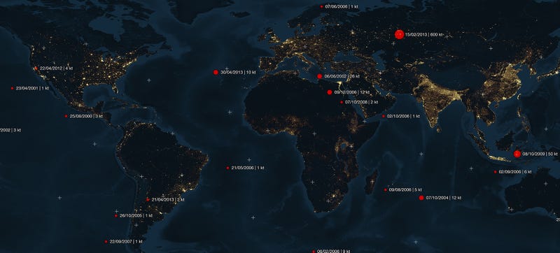 Illustration for article titled Map reveals all asteroid impacts from 2000 to 2013