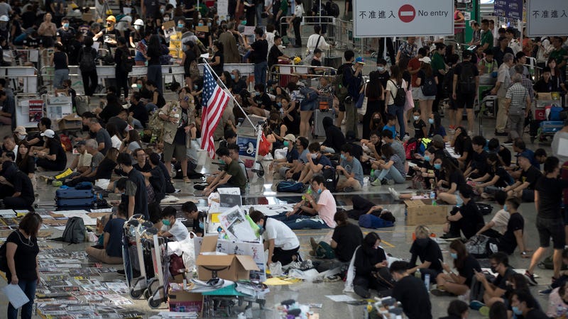 A lone American flag appears at a sit-in rally at Hong Kong International Airport in Hong Kong on August 13, 2019. Protestors have been using both British and American flags as a symbol of defiance against the Chinese government.