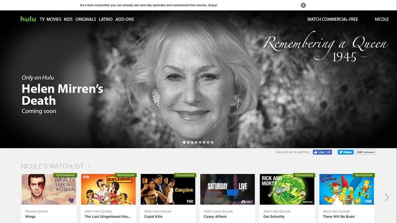 Illustration for article titled Your Move, Netflix: Hulu Just Secured The Exclusive Rights To Stream Helen Mirren’s Death