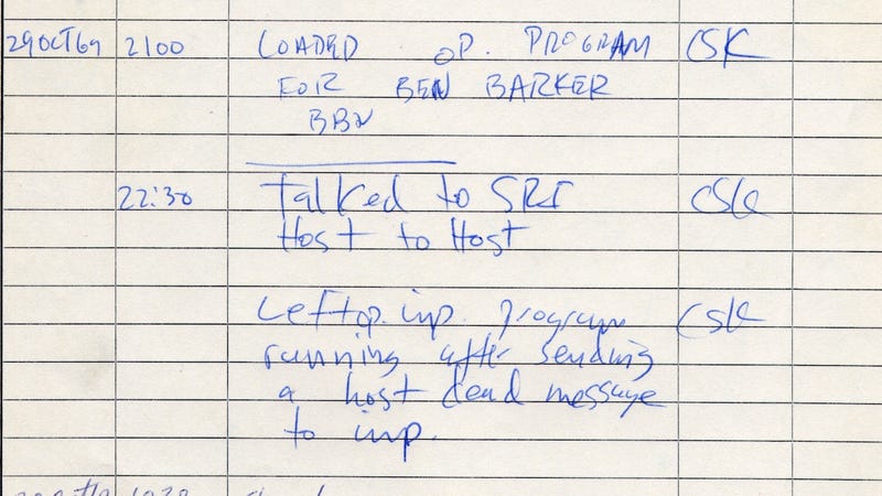 The notebook that documented the first “internet” connection made on the ARPANET on October 29, 1969 at UCLA