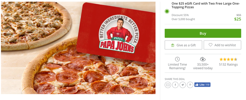 Buy A 25 Papa John S T Card Get Two Large Bonus Pizzas For Free