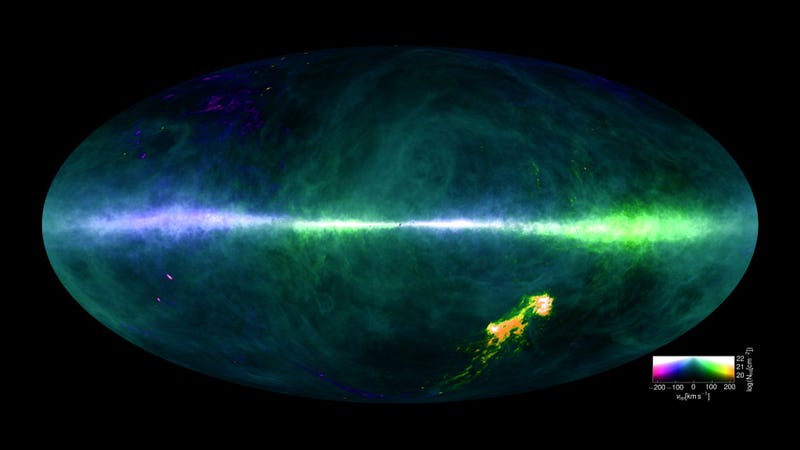 The HI4PI map. The colors reflect the approaching (purple/blue) and receding (orange/green) hydrogen gas velocities relative to Earth, while the brightness corresponds to the amount. The plane of the Milky Way runs horizontally across the middle, and the splotches at the lower right are the Magellanic Clouds. (Image credit: Benjamin Winkel and the HI4PI collaboration)