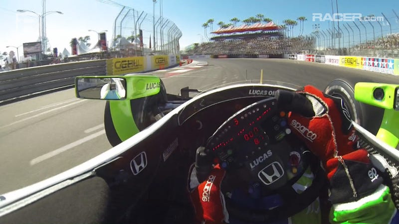 Illustration for article titled Simon Pagenaud IndyCar Long Beach Visor Cam