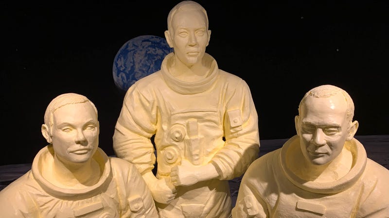 Butter sculptures of Apollo 11 astronauts Neil Armstrong, Michael Collins and Buzz Aldrin.