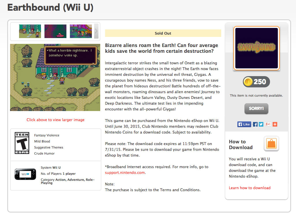 Earthbound Has Somehow 'Sold Out' On Club Nintendo