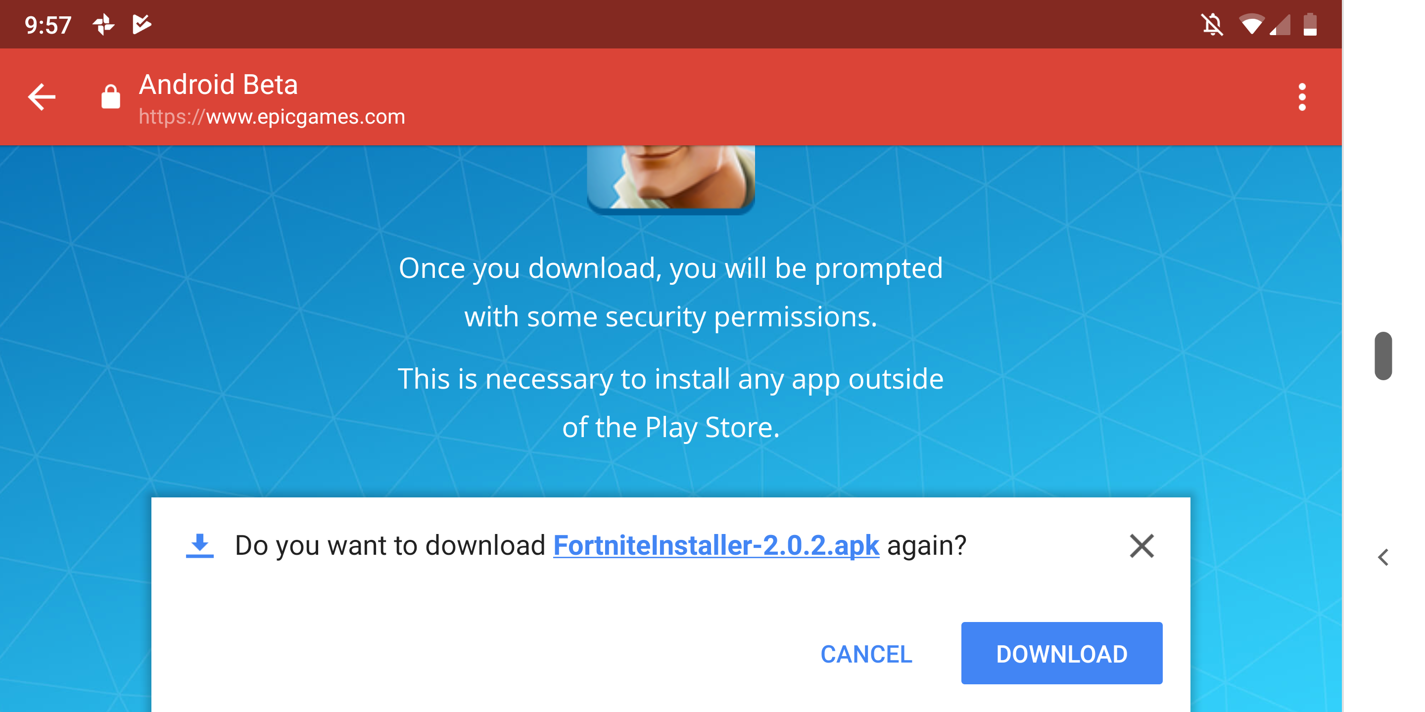 after clicking the link you should see a popup that looks like this to download the actual fortnite apk file screenshot sam rutherford gizmodo - fortnite android app beta