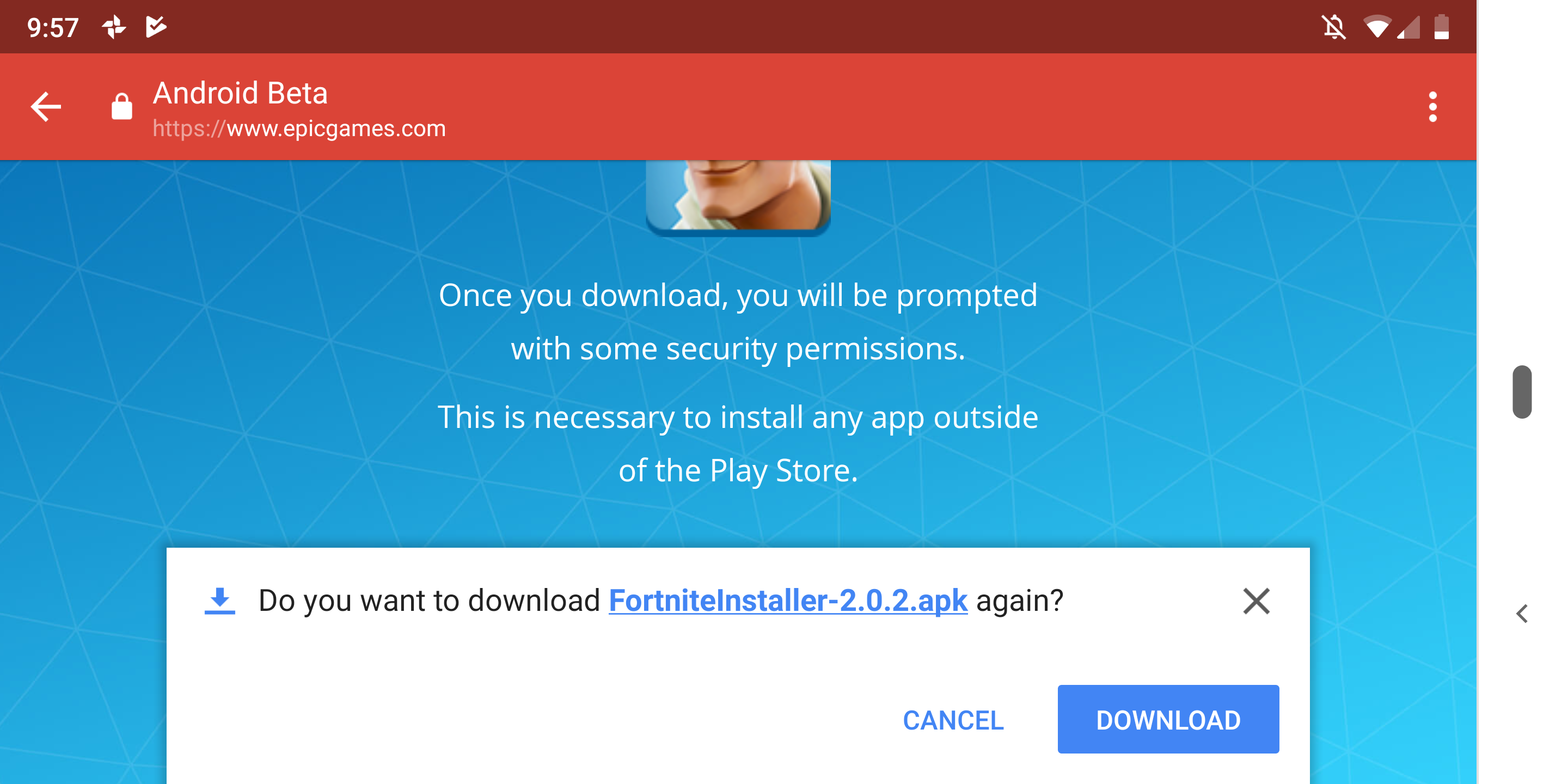 after clicking the link you should see a popup that looks like this to download the actual fortnite apk file screenshot sam rutherford gizmodo - fortnite download android beta epic games