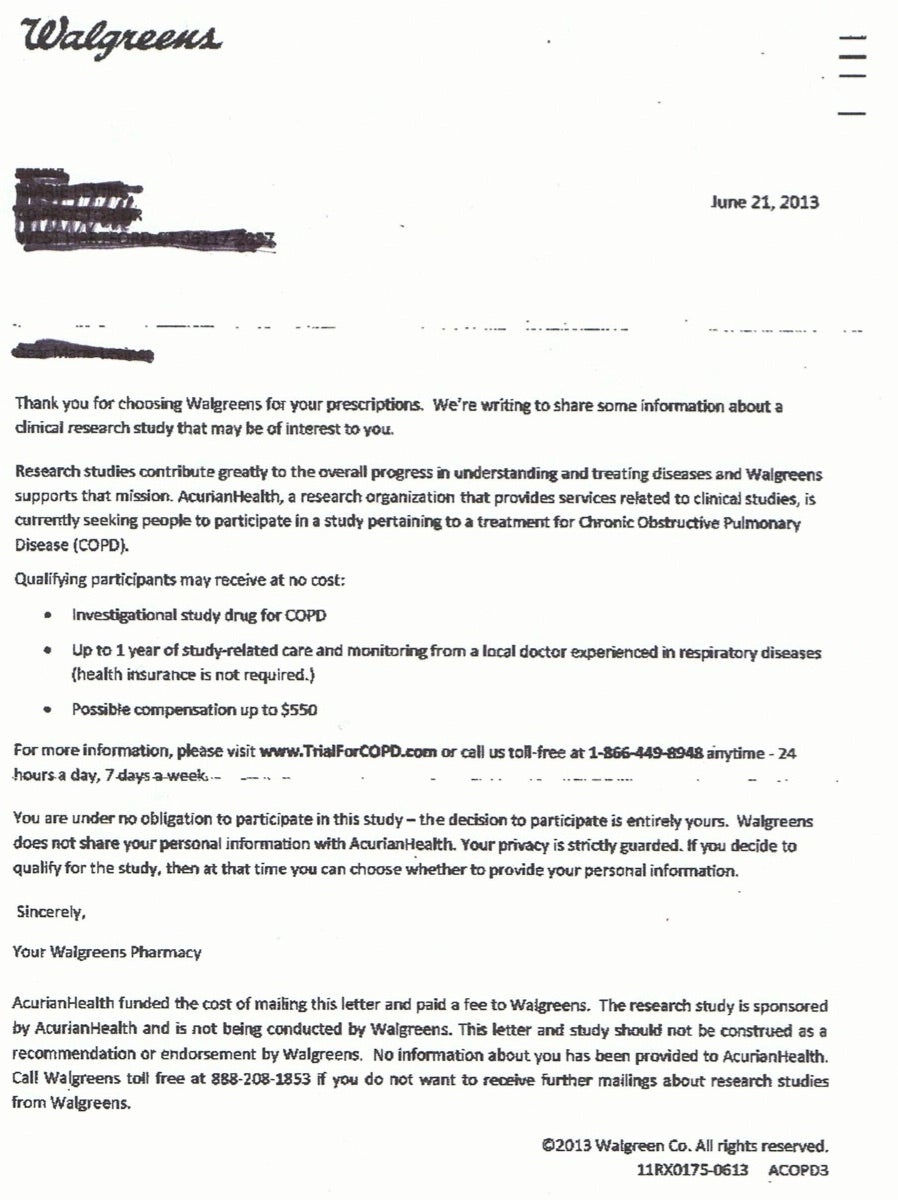 A letter sent out to a Walgreens customer in Connecticut on Acurian’s behalf. It invited her to visit a generic sounding website for people with pulmonary disease. At the time, she had a prescription from Walgreens for asthma.