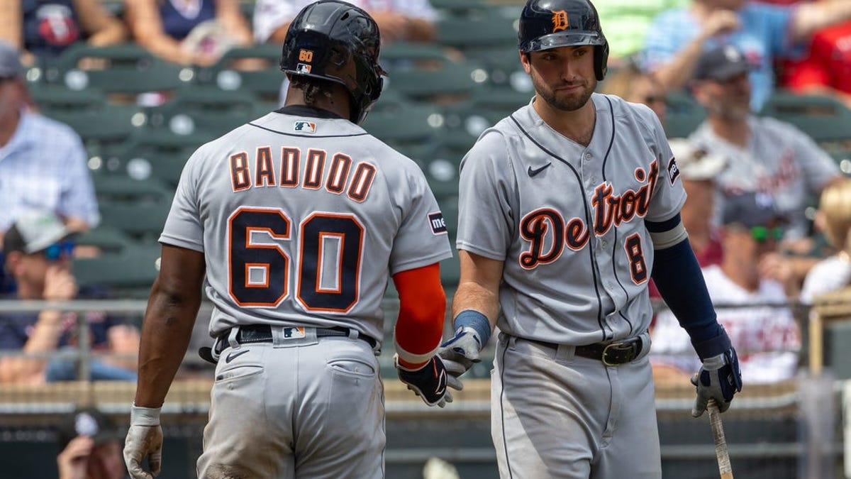 Detroit Tigers left fielder Akil Baddoo (60), center fielder Riley