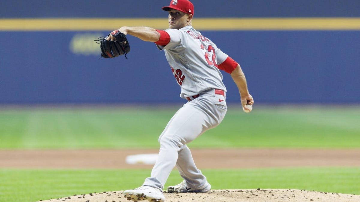 MILWAUKEE, WI - APRIL 07: St. Louis Cardinals starting pitcher Jack Flaherty  (22) throws during a game between the Milwaukee Brewers and the St. Louis  Cardinals at American Family Field on April