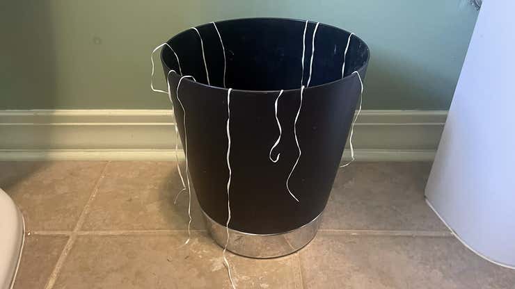 Image for Floss Draped Around Top Of Bathroom Trash Bin Like Tinsel