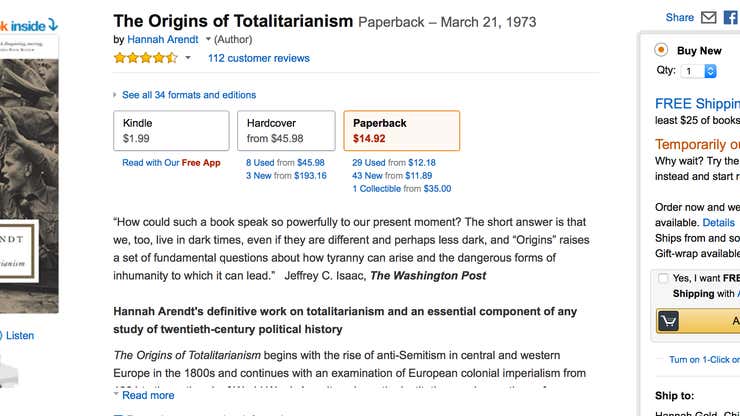 Image for Amazon Needs to Restock Hannah Arendt's The Origins of Totalitarianism