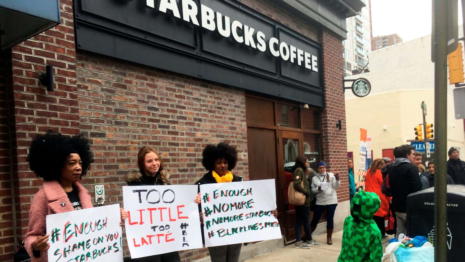 Protestors outside the Philadelphia Starbucks April 15.