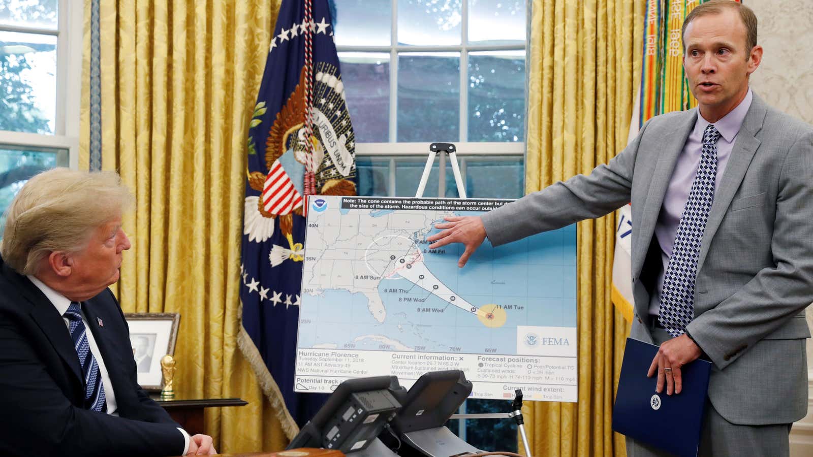 Long briefs Trump on hurricane Florence’s path.