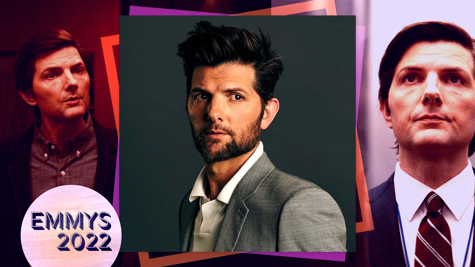 Center: Adam Scott (Leigh Kelly); Left and right: Adam Scott in Severance (Apple TV+)