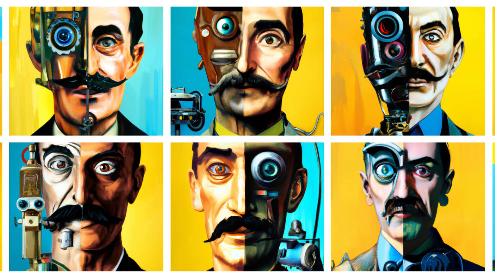 A set of 10 AI-generated variations on a self-portrait by Salvador Dalí