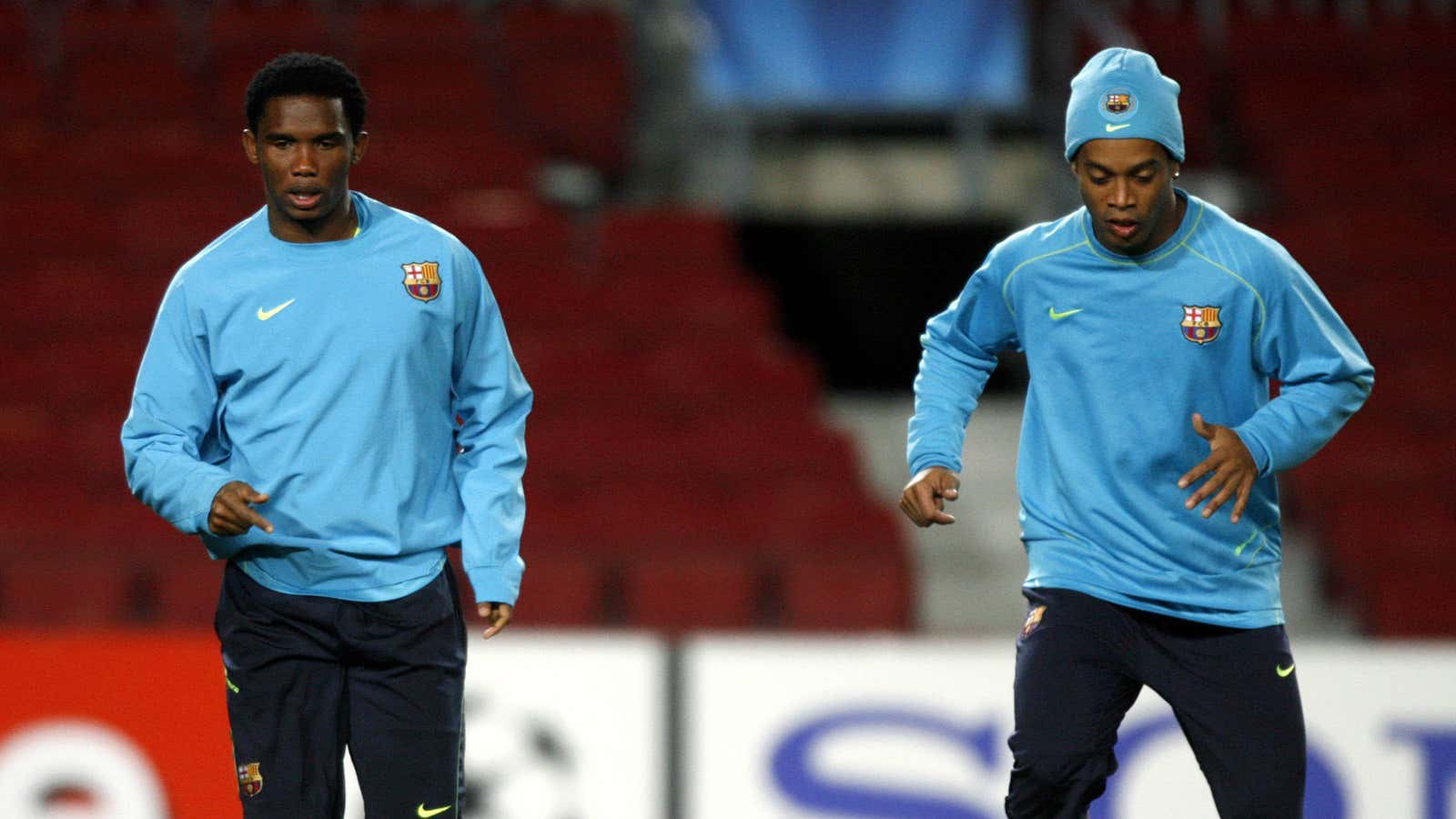 Samuel Eto’o (left) played  alongside Brazilian legend Ronaldinho at Barcelona.
