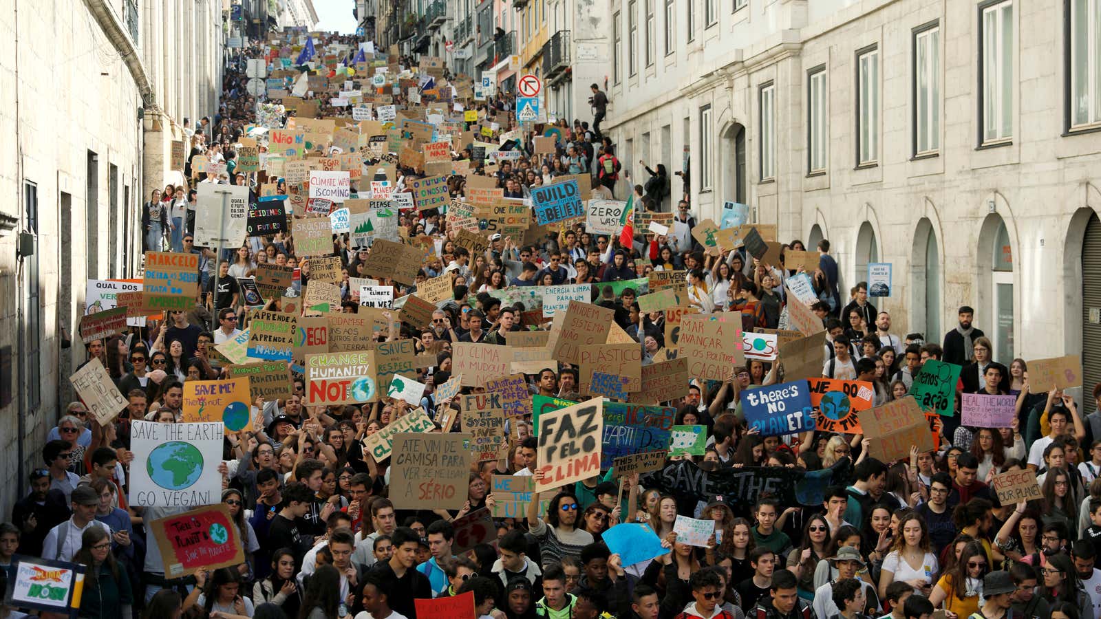 Students protest to demand action on climate change in Lisbon.