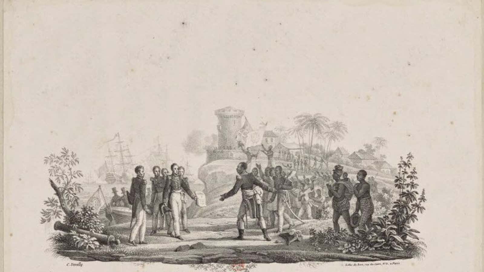 Haitian President Jean-Pierre Boyer receiving Charles X’s decree recognizing Haitian independence on July 11, 1825.